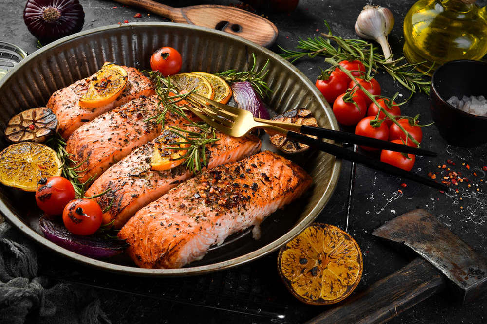 Baked,Salmon,With,Rosemary,,Lemon,And,Vegetables.,Recipe.,Seafood.,Side